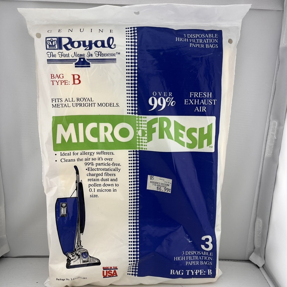 3 Pack Royal Type B Metal Upright Vacuum Bags 3671075001 MicroFresh 0.1 Micron